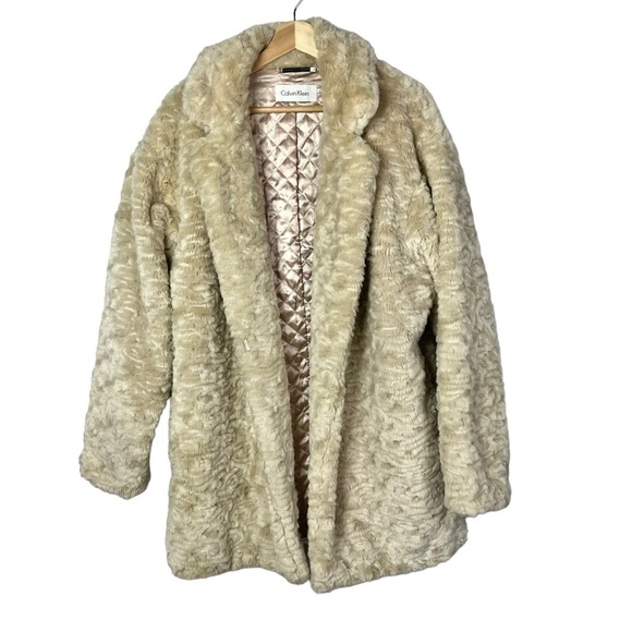 Calvin Klein Beige Light Brown Faux Fur Teddy Mid Length Jacket L - Picture 1 of 4